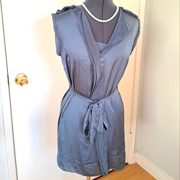 Dusky BLUE Tie Waist Shift Dress Silky Stylized Buttons Midi Love 21 Size SMALL - Picture 1 of 13